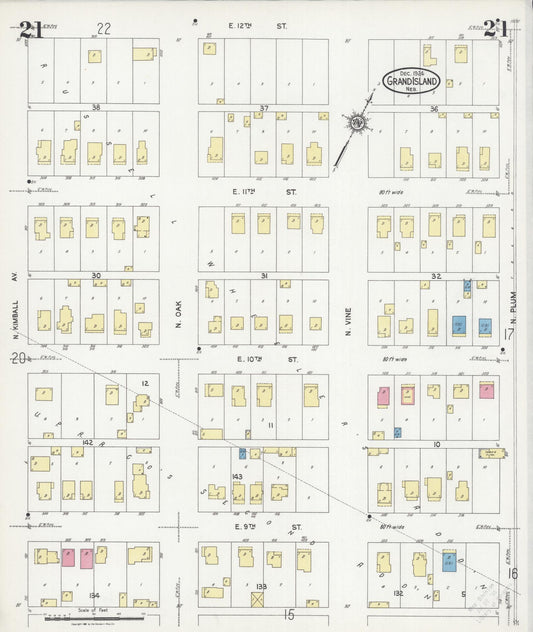 Sanborn Fire Insurance Map from Grand Island, Hall County, Nebraska (1924), Sheet #0021 - Historic Sanborn Fire Insurance Map Print, vintage old map wall art, antique decor, genealogy gift, Nebraska Nebraska map