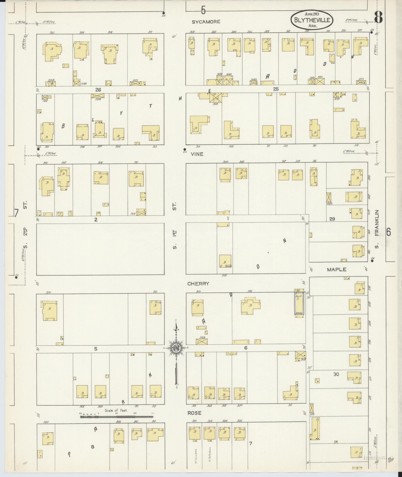 Sanborn Fire Insurance Map from Blytheville, Mississippi County, Arkansas (1913), Sheet #0008 - Historic Sanborn Fire Insurance Map Print, vintage old map wall art, antique decor, genealogy gift, Arkansas Arkansas map