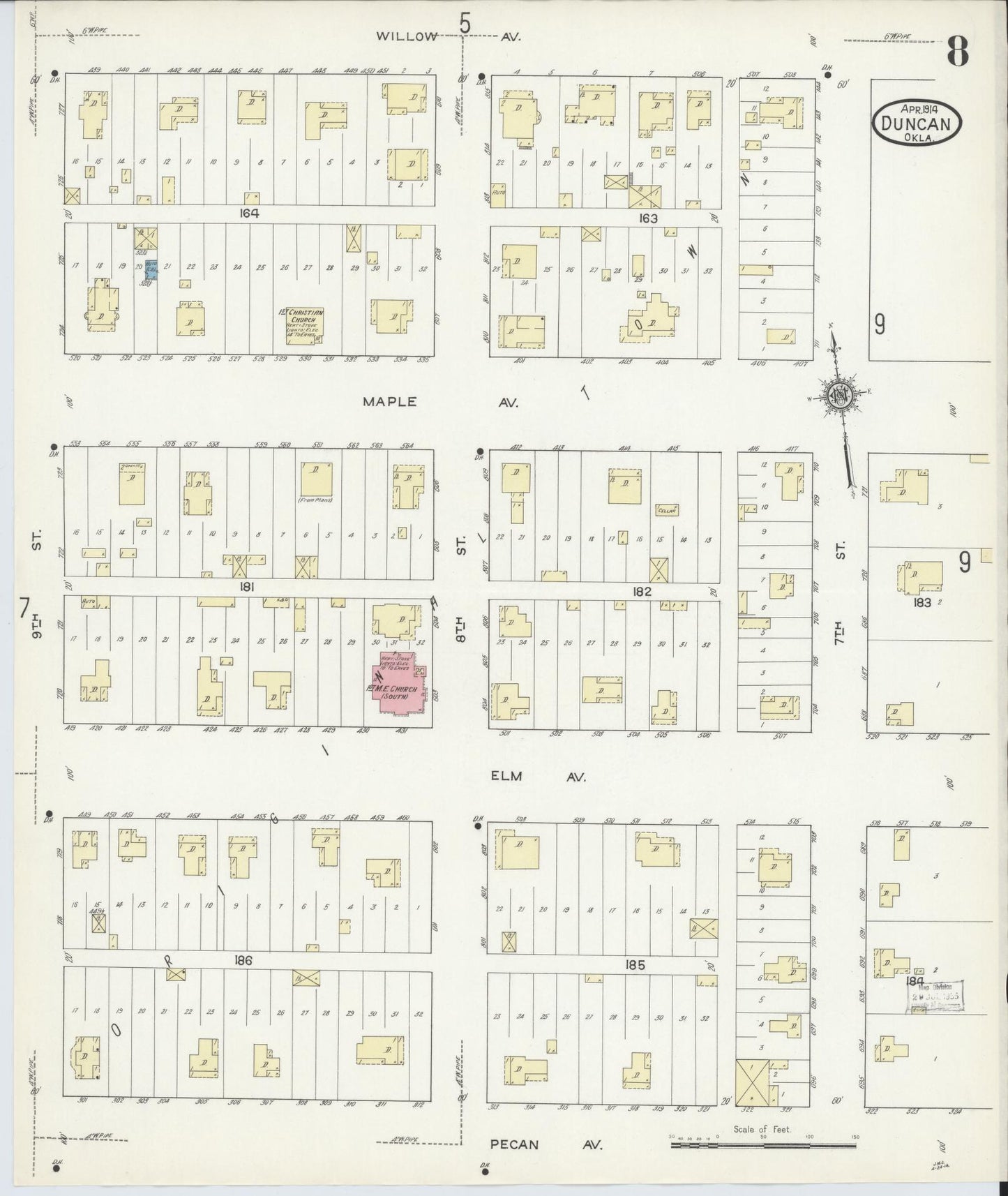 Sanborn Fire Insurance Map from Duncan, Stephens County, Oklahoma (1914), Sheet #0008 - Historic Sanborn Fire Insurance Map Print, vintage old map wall art, antique decor, genealogy gift, Oklahoma Oklahoma map
