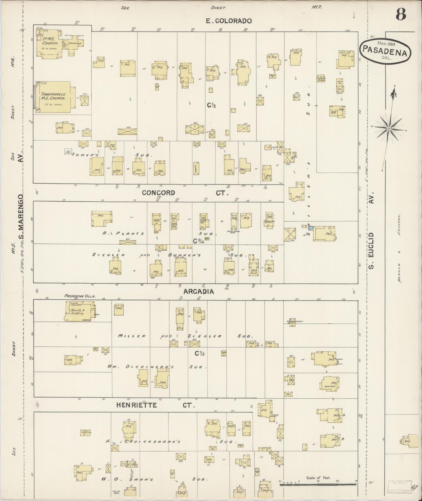 Sanborn Fire Insurance Map from Pasadena, Los Angeles County, California (1889), Sheet #0008 - Complete Map Set gallery image, historic Sanborn map, vintage wall art, California California
