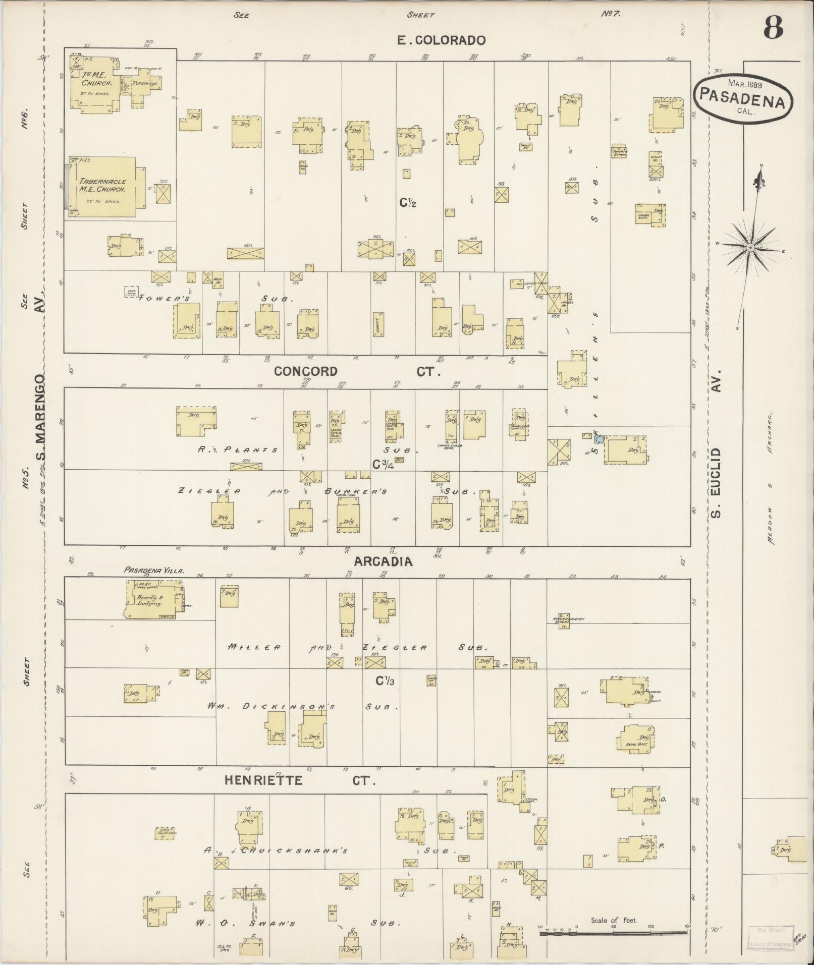 Sanborn Fire Insurance Map from Pasadena, Los Angeles County, California (1889), Sheet #0008 - Complete Map Set gallery image, historic Sanborn map, vintage wall art, California California