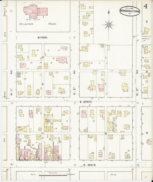 Sanborn Fire Insurance Map from Marshalltown, Marshall County, Iowa (1888), Sheet #0004 - Historic Sanborn Fire Insurance Map Print, vintage old map wall art