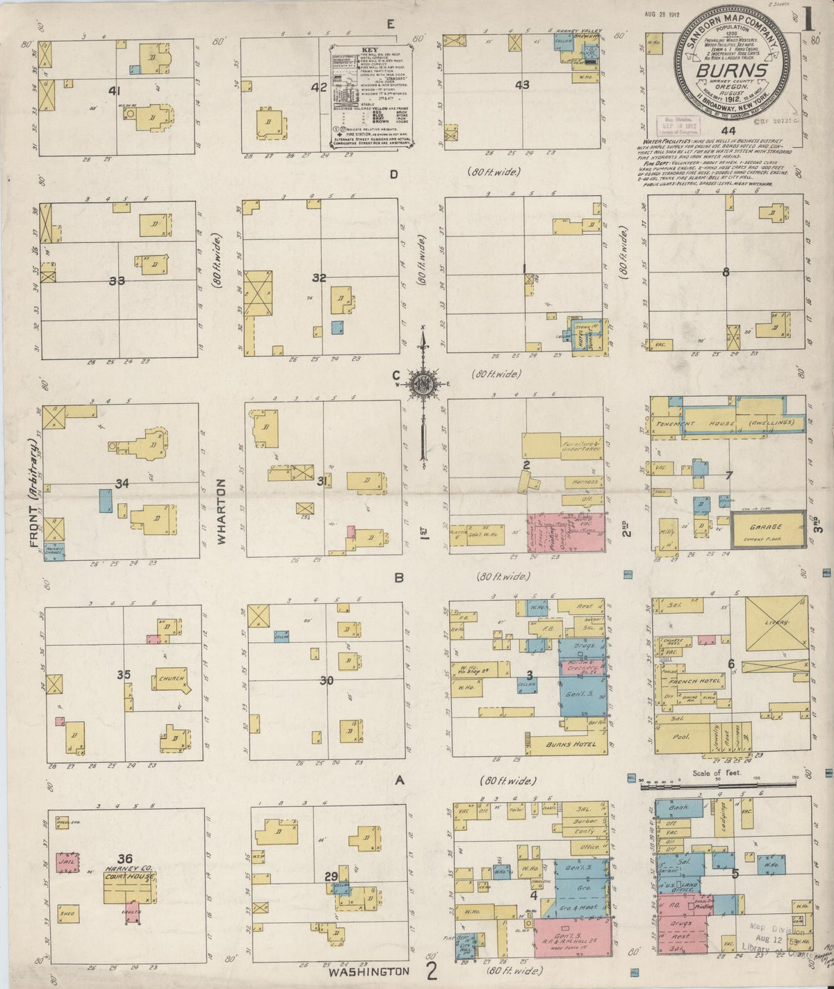 Sanborn Fire Insurance Map from Burns, Harney County, Oregon (1912), Sheet #0001 - Historic Sanborn Fire Insurance Map Print, vintage old map wall art, antique decor, genealogy gift, Oregon Oregon map