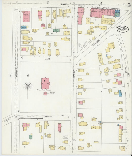 Sanborn Fire Insurance Map from Malone, Franklin County, New York (1898), Sheet #0005 - Historic Sanborn Fire Insurance Map Print, vintage old map wall art, antique decor, genealogy gift, New York New York map