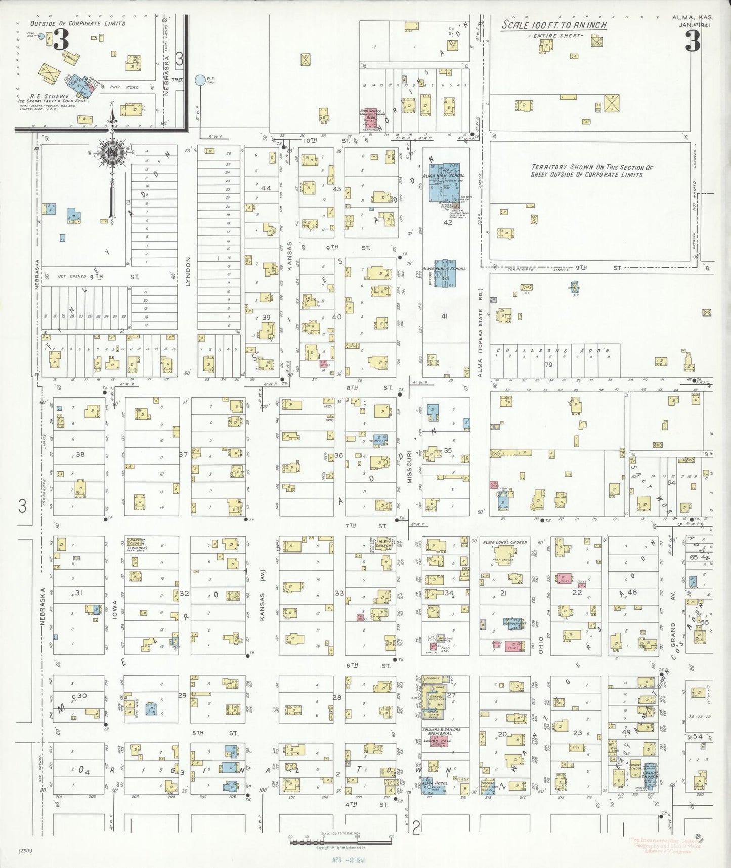 Sanborn Fire Insurance Map from Alma, Wabaunsee County, Kansas (1941), Sheet #0003 - Complete Map Set gallery image, historic Sanborn map, vintage wall art, Kansas Kansas