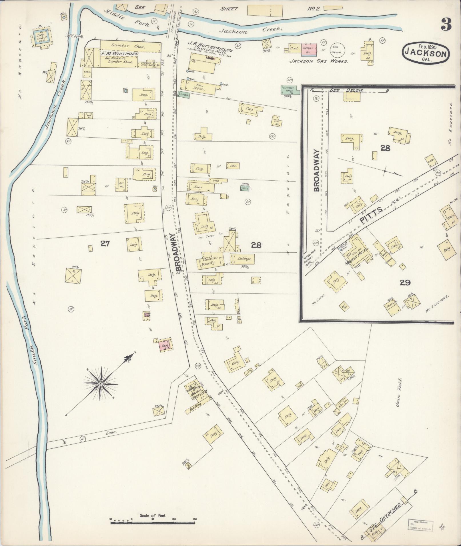 Sanborn Fire Insurance Map from Jackson, Amador County, California (1890), Sheet #0003 - Historic Sanborn Fire Insurance Map Print, vintage old map wall art, antique decor, genealogy gift, California California map