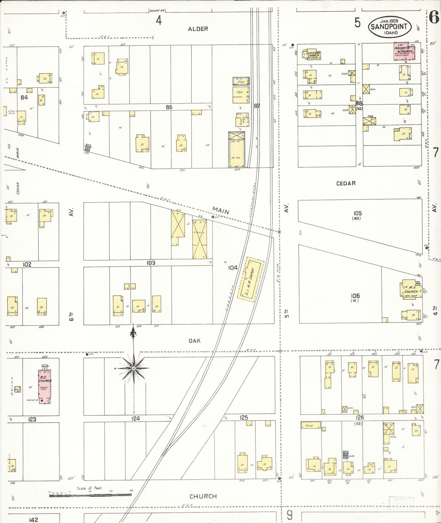 Sanborn Fire Insurance Map from Sandpoint, Bonner County, Idaho (1909), Sheet #0006 - Complete Map Set gallery image, historic Sanborn map, vintage wall art, Idaho Idaho