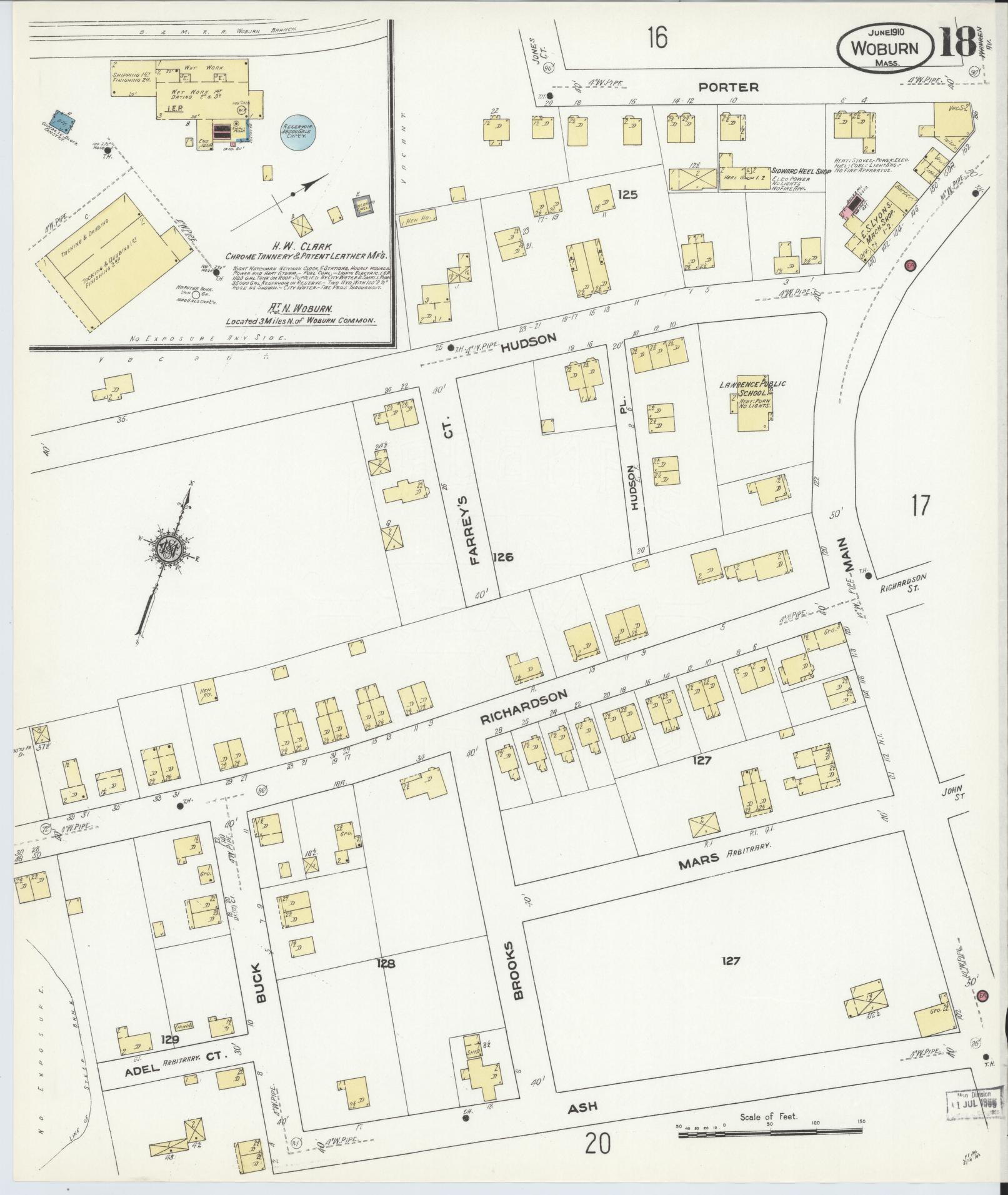 Sanborn Fire Insurance Map from Woburn, Middlesex County, Massachusetts (1910), Sheet #0018 - Historic Sanborn Fire Insurance Map Print, vintage old map wall art, antique decor, genealogy gift, Massachusetts Massachusetts map
