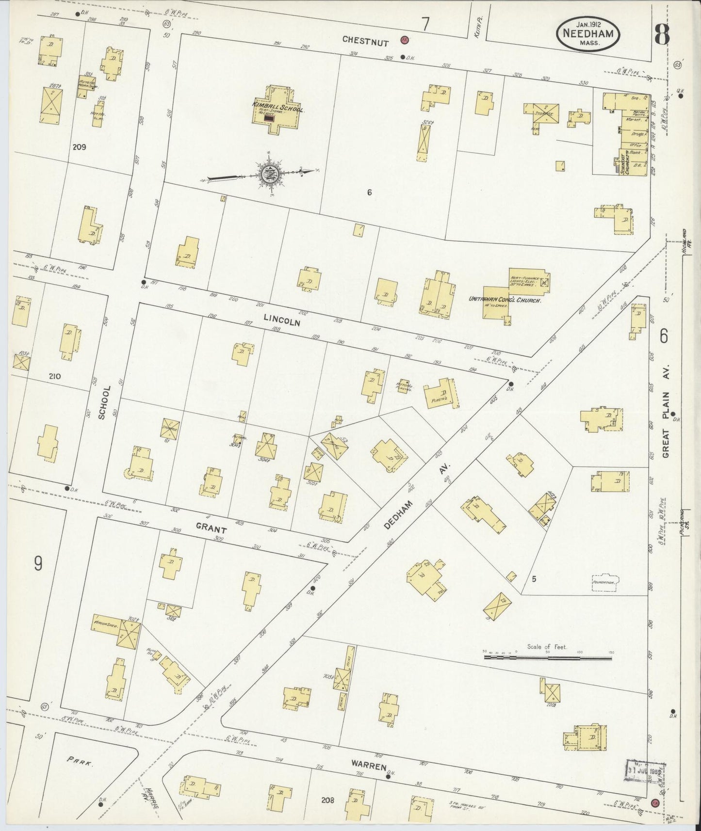 Sanborn Fire Insurance Map from Needham, Norfolk County, Massachusetts (1912), Sheet #0008 - Complete Map Set gallery image, historic Sanborn map, vintage wall art, Massachusetts Massachusetts