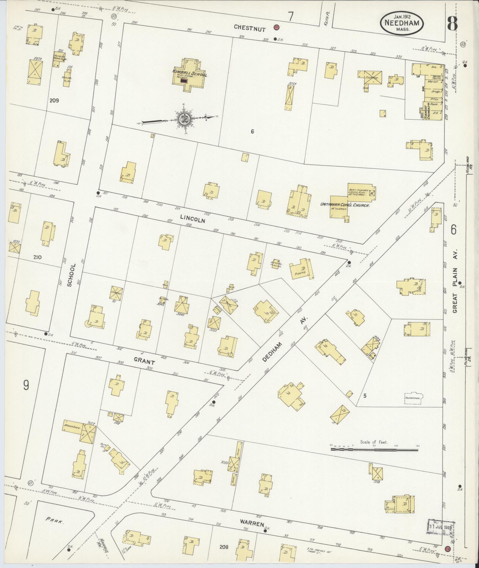 Sanborn Fire Insurance Map from Needham, Norfolk County, Massachusetts (1912), Sheet #0008 - Complete Map Set gallery image, historic Sanborn map, vintage wall art, Massachusetts Massachusetts