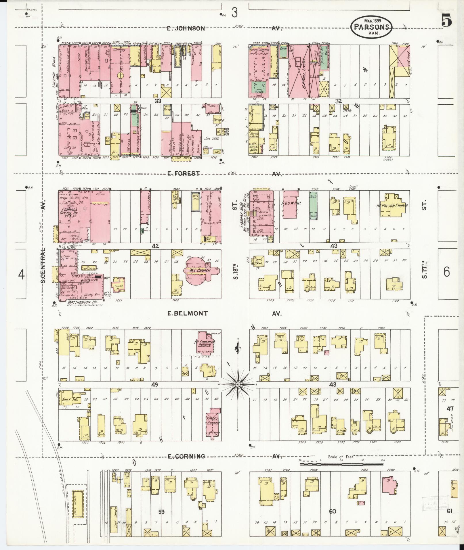 Sanborn Fire Insurance Map from Parsons, Labette County, Kansas (1899), Sheet #0005 - Complete Map Set gallery image, historic Sanborn map, vintage wall art, Kansas Kansas