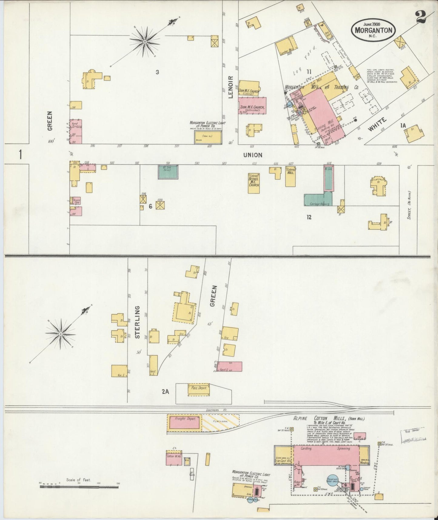 Sanborn Fire Insurance Map from Morganton, Burke County, North Carolina (1900), Sheet #0002 - Complete Map Set gallery image, historic Sanborn map, vintage wall art, North Carolina North Carolina