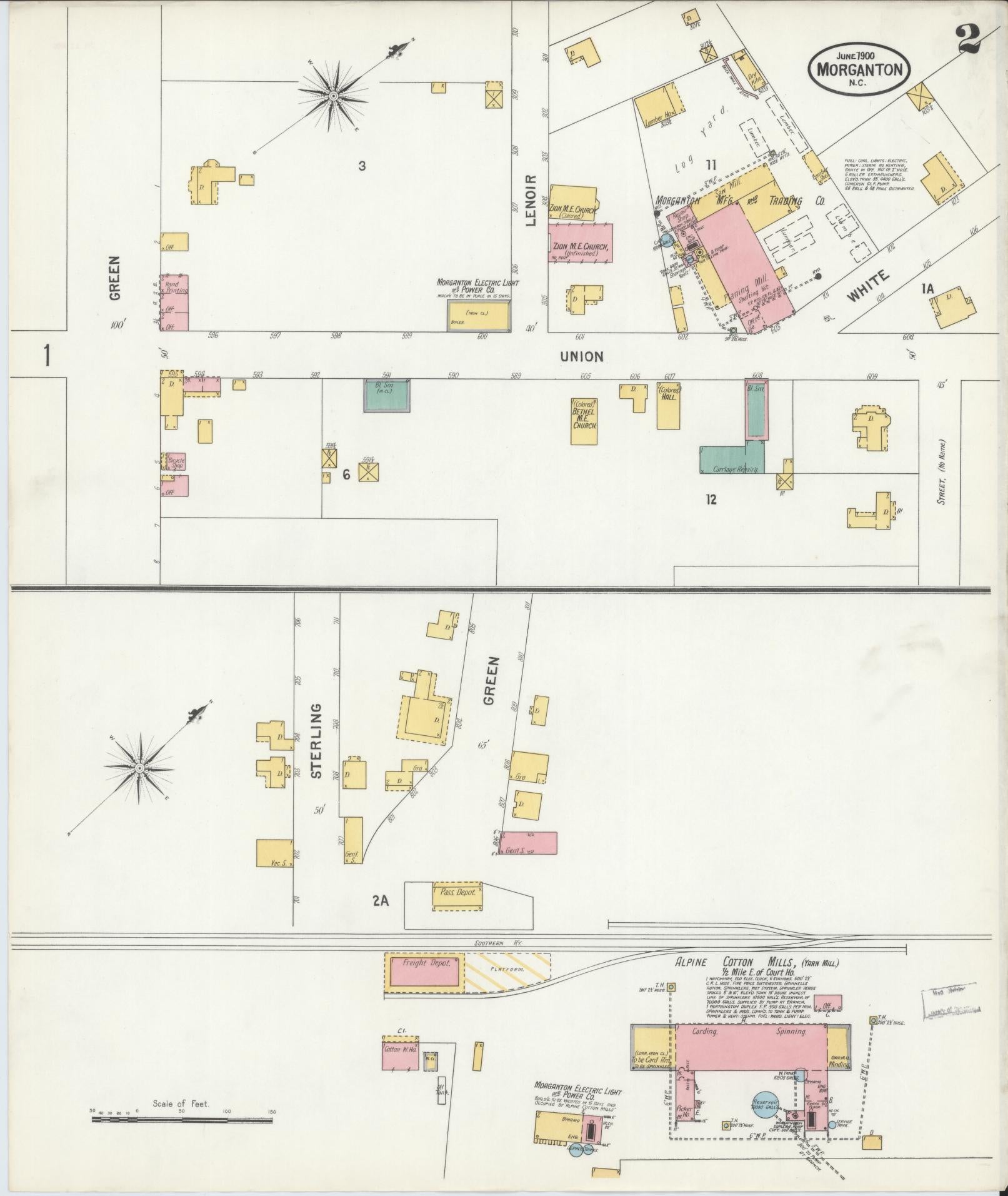 Sanborn Fire Insurance Map from Morganton, Burke County, North Carolina (1900), Sheet #0002 - Complete Map Set gallery image, historic Sanborn map, vintage wall art, North Carolina North Carolina