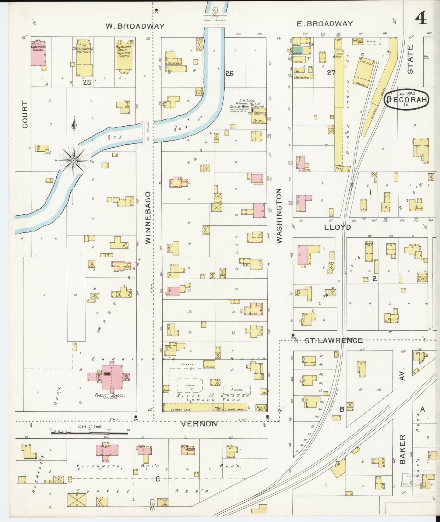 Sanborn Fire Insurance Map from Decorah, Winneshiek County, Iowa (1894), Sheet #0004 - Historic Sanborn Fire Insurance Map Print, vintage old map wall art