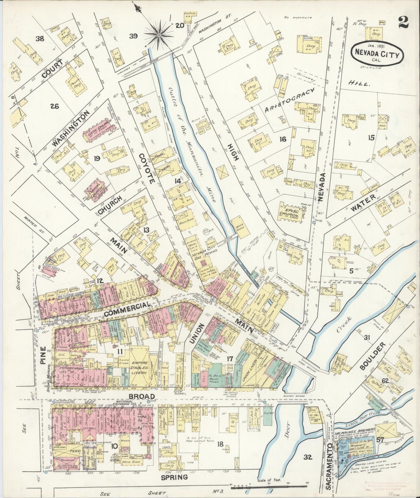 Sanborn Fire Insurance Map from Nevada City, Nevada County, California (1891), Sheet #0002 - Complete Map Set gallery image, historic Sanborn map, vintage wall art, Nevada City Nevada