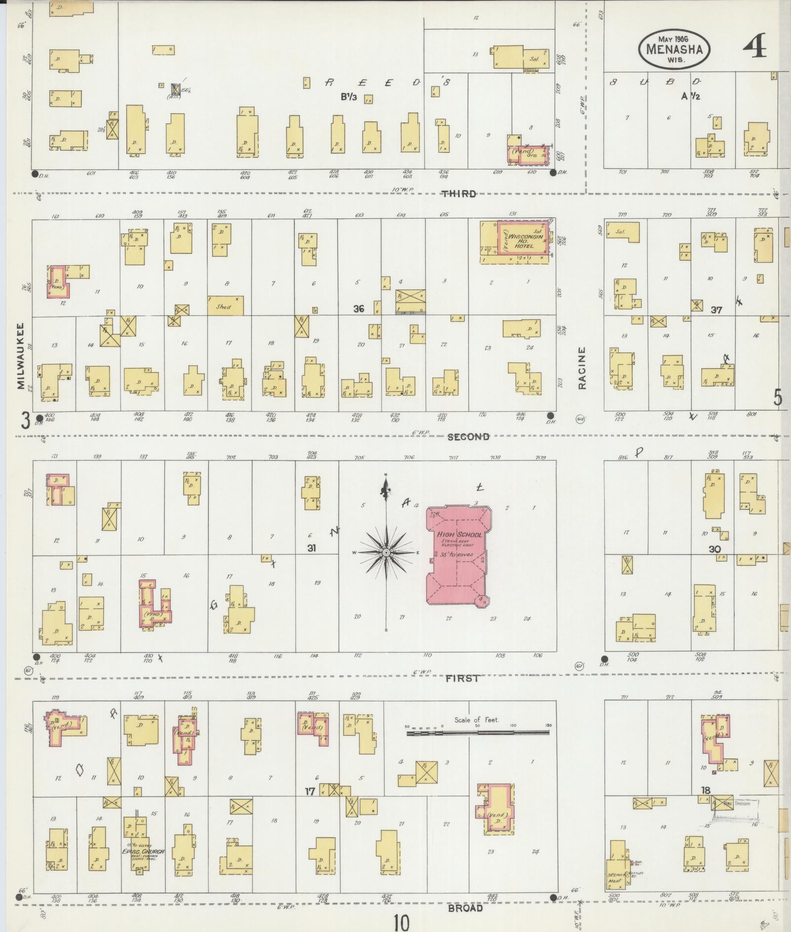 Sanborn Fire Insurance Map from Menasha, Winnebago County, Wisconsin (1906), Sheet #0004 - Historic Sanborn Fire Insurance Map Print, vintage old map wall art, antique decor, genealogy gift, Wisconsin Wisconsin map