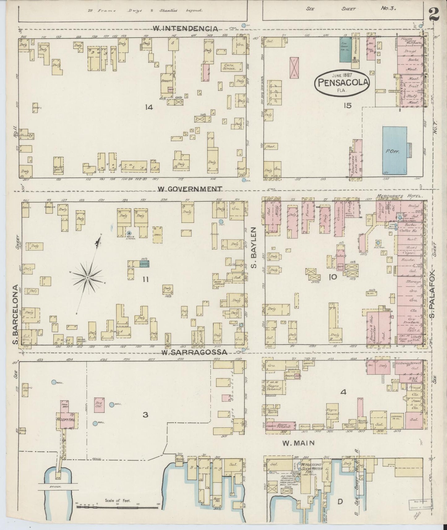 Sanborn Fire Insurance Map from Pensacola, Escambia County, Florida (1887), Sheet #0002 - Complete Map Set gallery image, historic Sanborn map, vintage wall art, Florida Florida