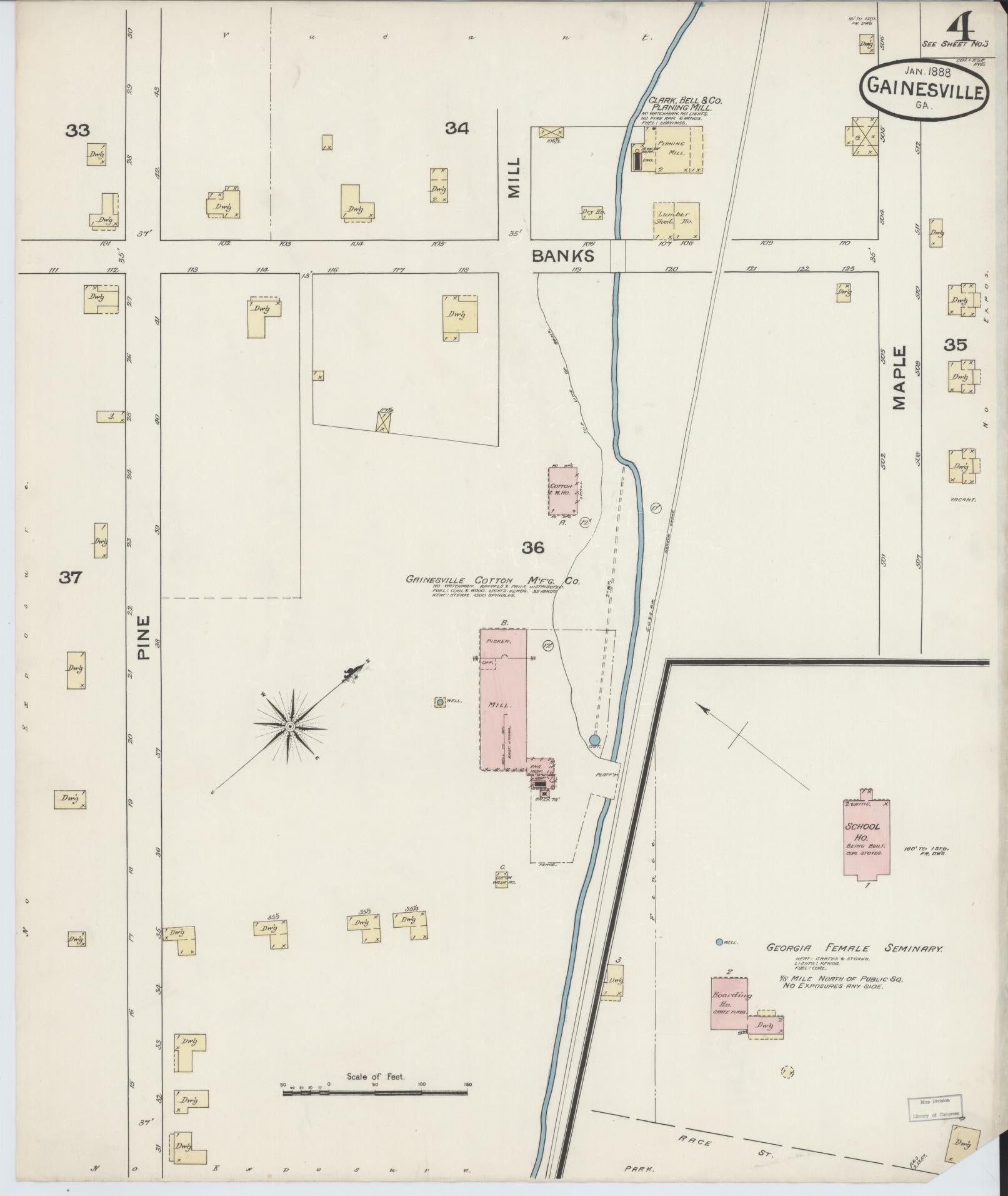 Sanborn Fire Insurance Map from Gainesville, Hall County, Georgia (1888), Sheet #0004 - Complete Map Set gallery image, historic Sanborn map, vintage wall art, Georgia Georgia
