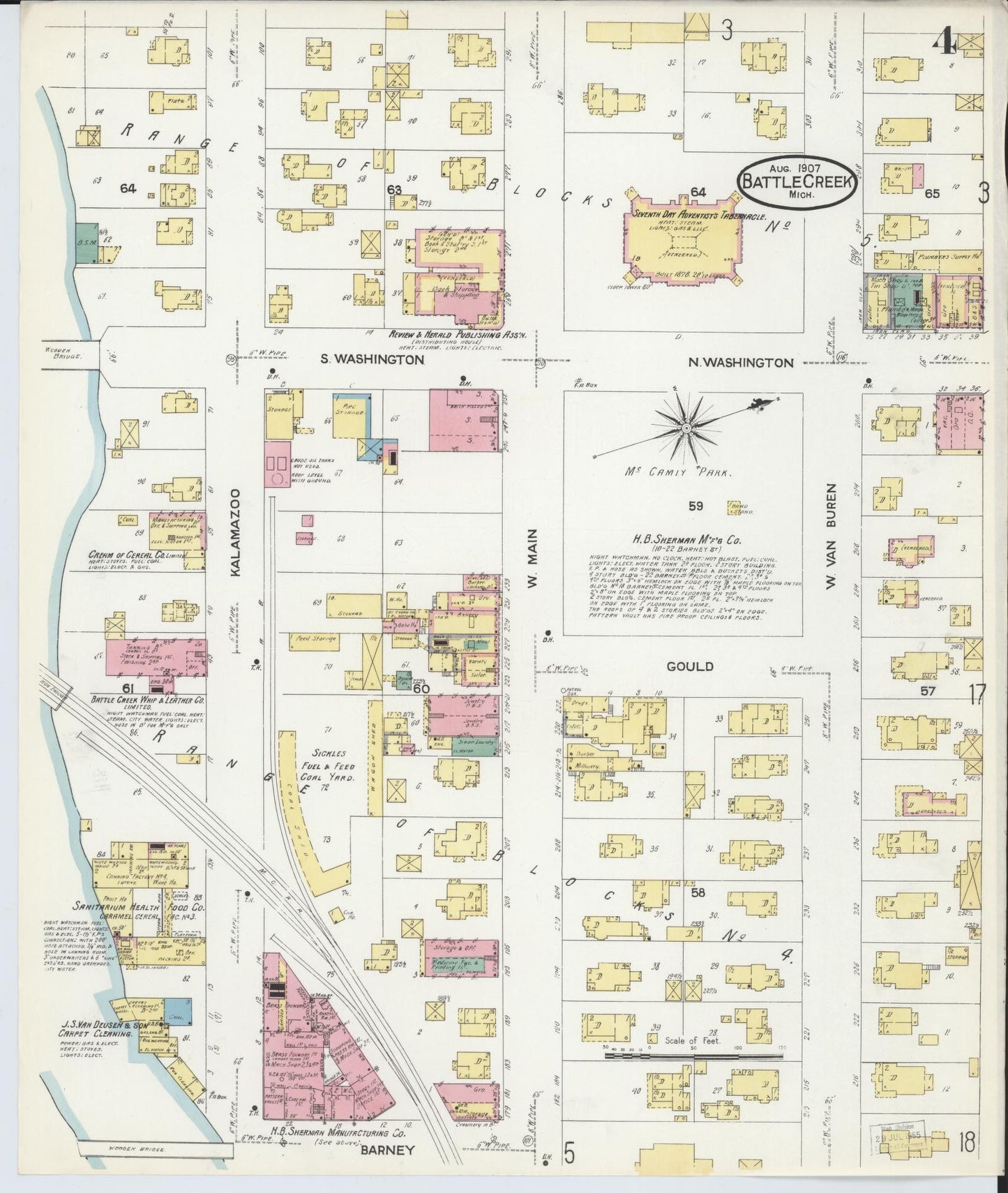 Sanborn Fire Insurance Map from Battle Creek, Calhoun County, Michigan (1907), Sheet #0004 - Complete Map Set gallery image, historic Sanborn map, vintage wall art, Michigan Michigan