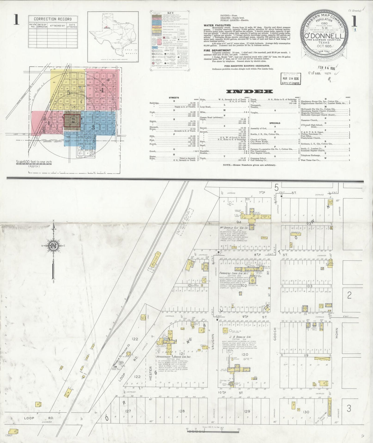 Sanborn Fire Insurance Map from O'Donnell, Lynn And Dawson Counties, Texas (1935), Sheet #0001 - Historic Sanborn Fire Insurance Map Print, vintage old map wall art, antique decor, genealogy gift, Texas Texas map
