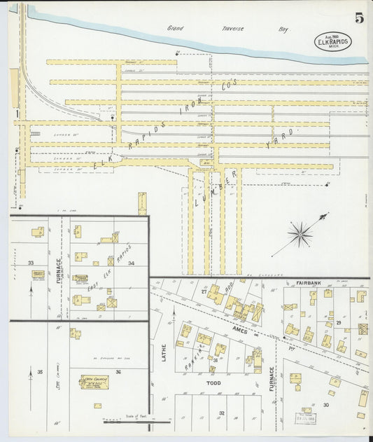 Sanborn Fire Insurance Map from Elk Rapids, Antrim County, Michigan (1900), Sheet #0005 - Historic Sanborn Fire Insurance Map Print, vintage old map wall art, antique decor, genealogy gift, Michigan Michigan map