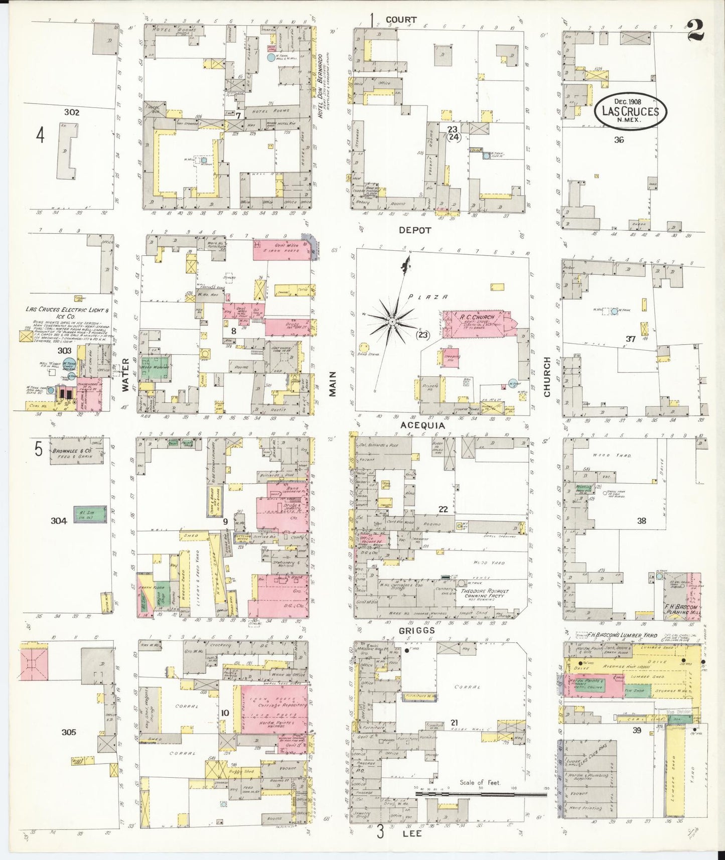 Sanborn Fire Insurance Map from Las Cruces, Dona Ana County, New Mexico (1908), Sheet #0002 - Historic Sanborn Fire Insurance Map Print, vintage old map wall art, antique decor, genealogy gift, New Mexico New Mexico map