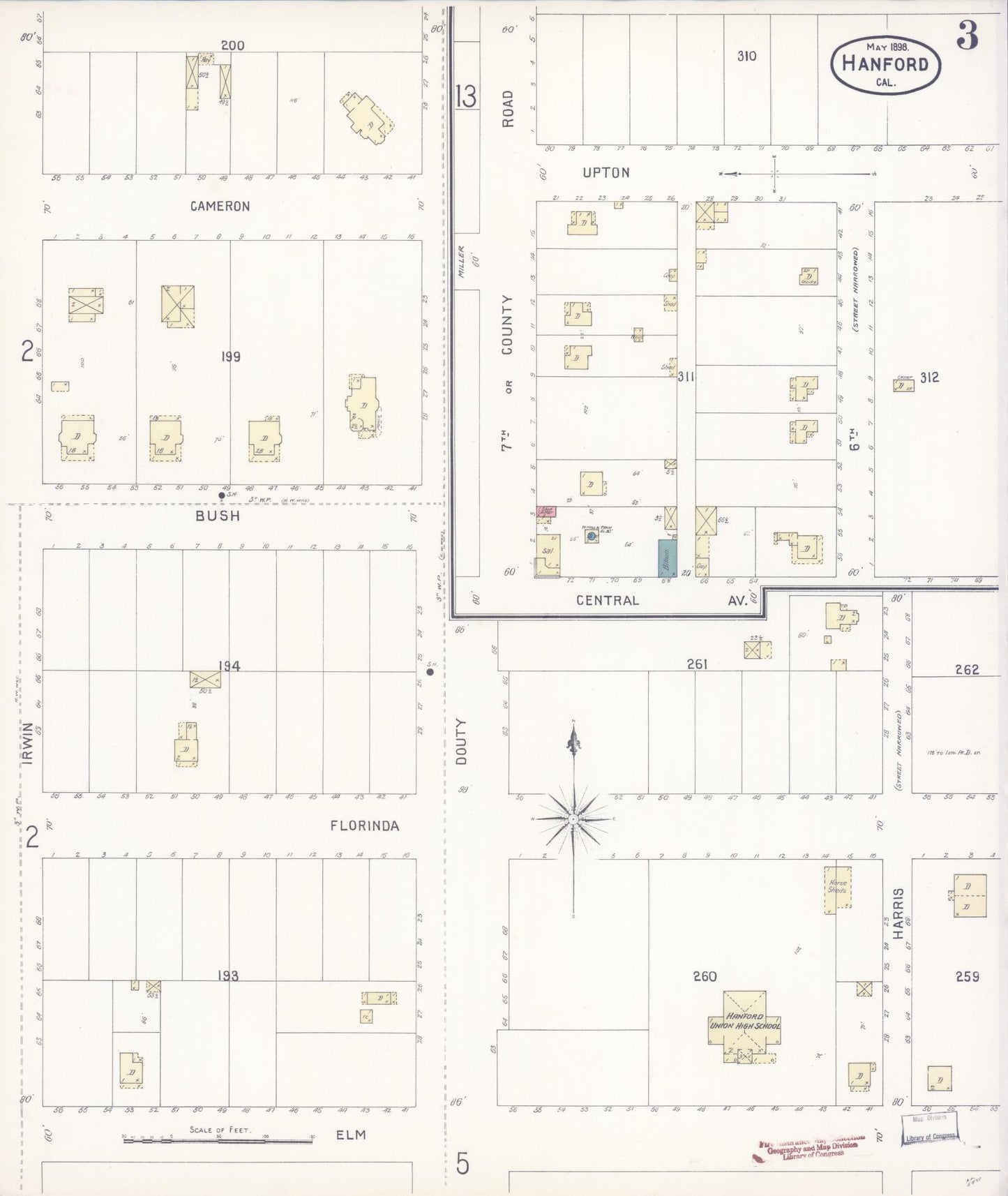 Sanborn Fire Insurance Map from Hanford, Kings County, California (1898), Sheet #0003 - Historic Sanborn Fire Insurance Map Print, vintage old map wall art, antique decor, genealogy gift, California California map
