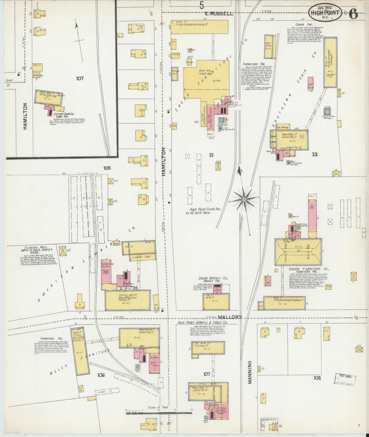 Sanborn Fire Insurance Map from High Point, Guilford County, North Carolina (1902), Sheet #0006 - Historic Sanborn Fire Insurance Map Print, vintage old map wall art, antique decor, genealogy gift, North Carolina North Carolina map