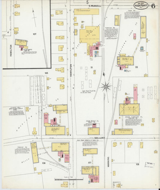 Sanborn Fire Insurance Map from High Point, Guilford County, North Carolina (1902), Sheet #0006 - Historic Sanborn Fire Insurance Map Print, vintage old map wall art, antique decor, genealogy gift, North Carolina North Carolina map