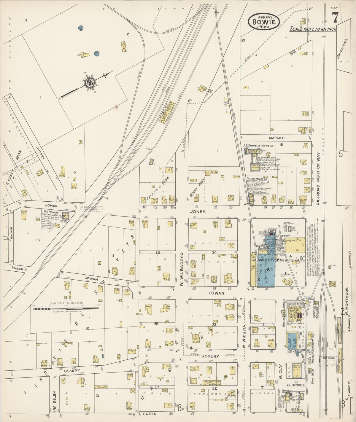 Sanborn Fire Insurance Map from Bowie, Montague County, Texas (1922), Sheet #0007 - Complete Map Set gallery image, historic Sanborn map, vintage wall art, Texas Texas