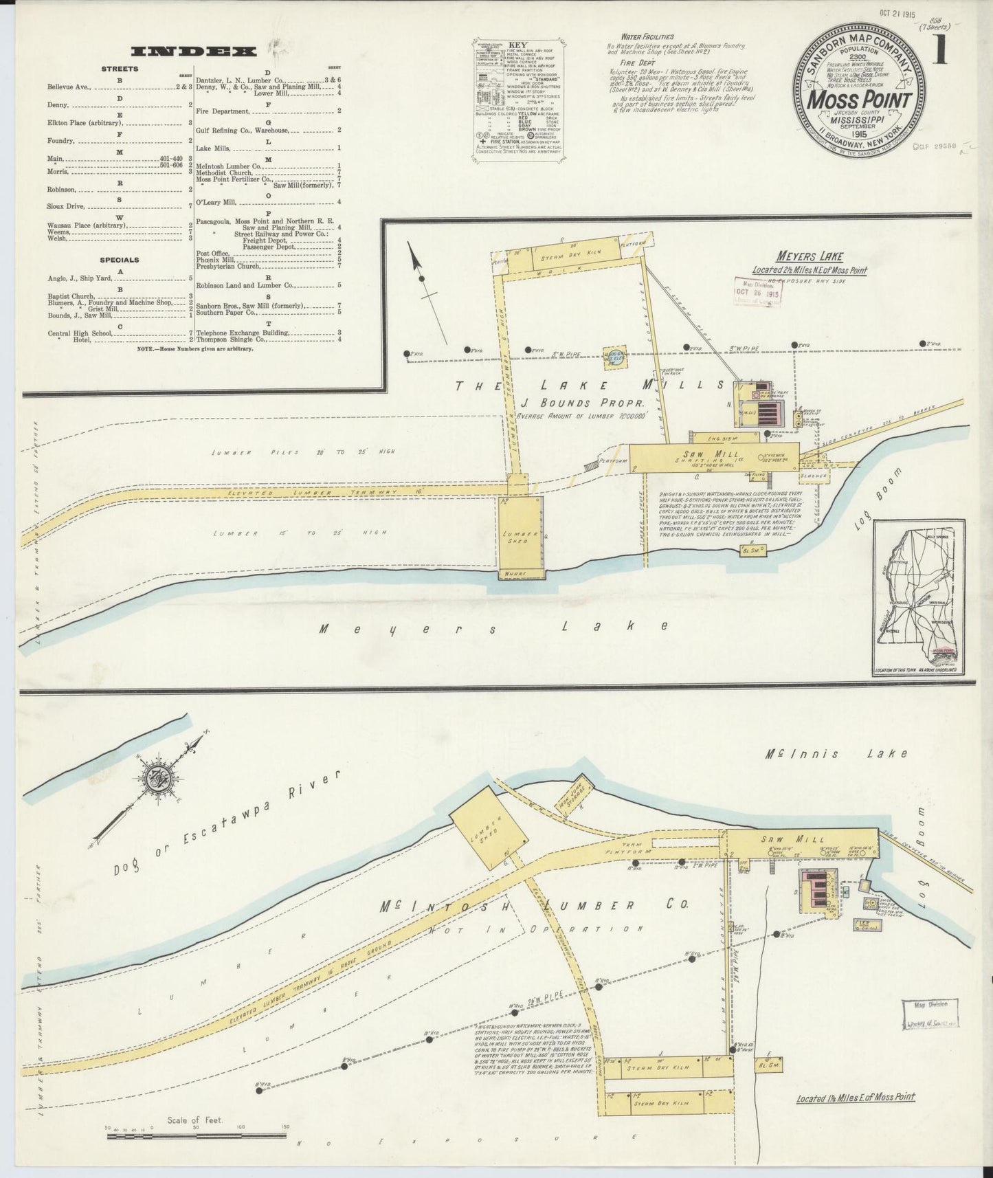 Sanborn Fire Insurance Map from Moss Point, Jackson County, Mississippi (1915), Sheet #0001 - Complete Map Set gallery image, historic Sanborn map, vintage wall art, Mississippi Mississippi