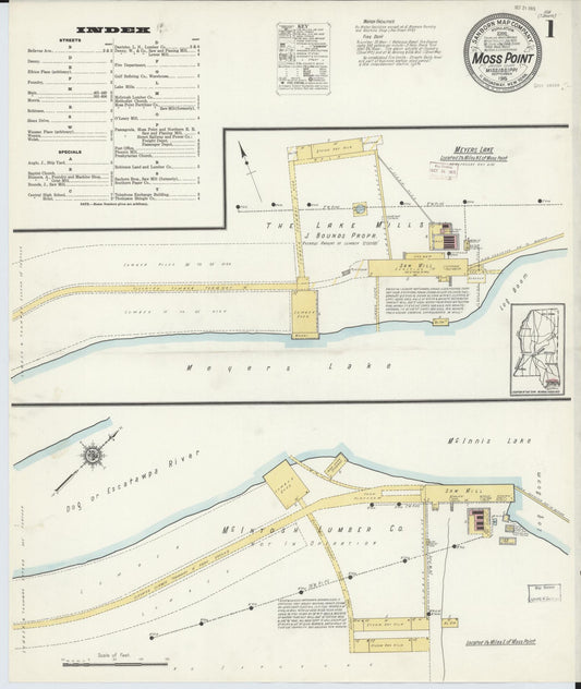 Sanborn Fire Insurance Map from Moss Point, Jackson County, Mississippi (1915), Sheet #0001 - Complete Map Set gallery image, historic Sanborn map, vintage wall art, Mississippi Mississippi