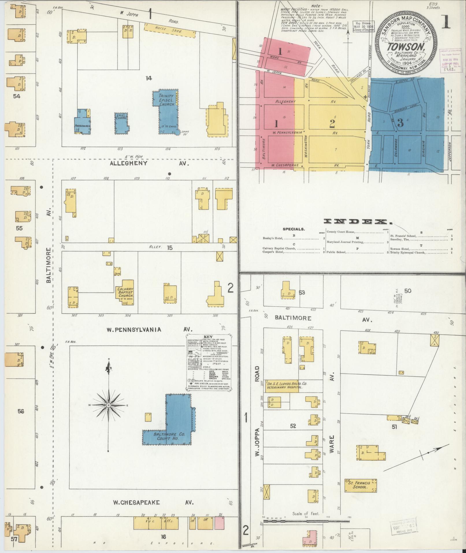 Sanborn Fire Insurance Map from Towson, Baltimore County, Maryland (1904), Sheet #0001 - Complete Map Set gallery image, historic Sanborn map, vintage wall art, Maryland Maryland