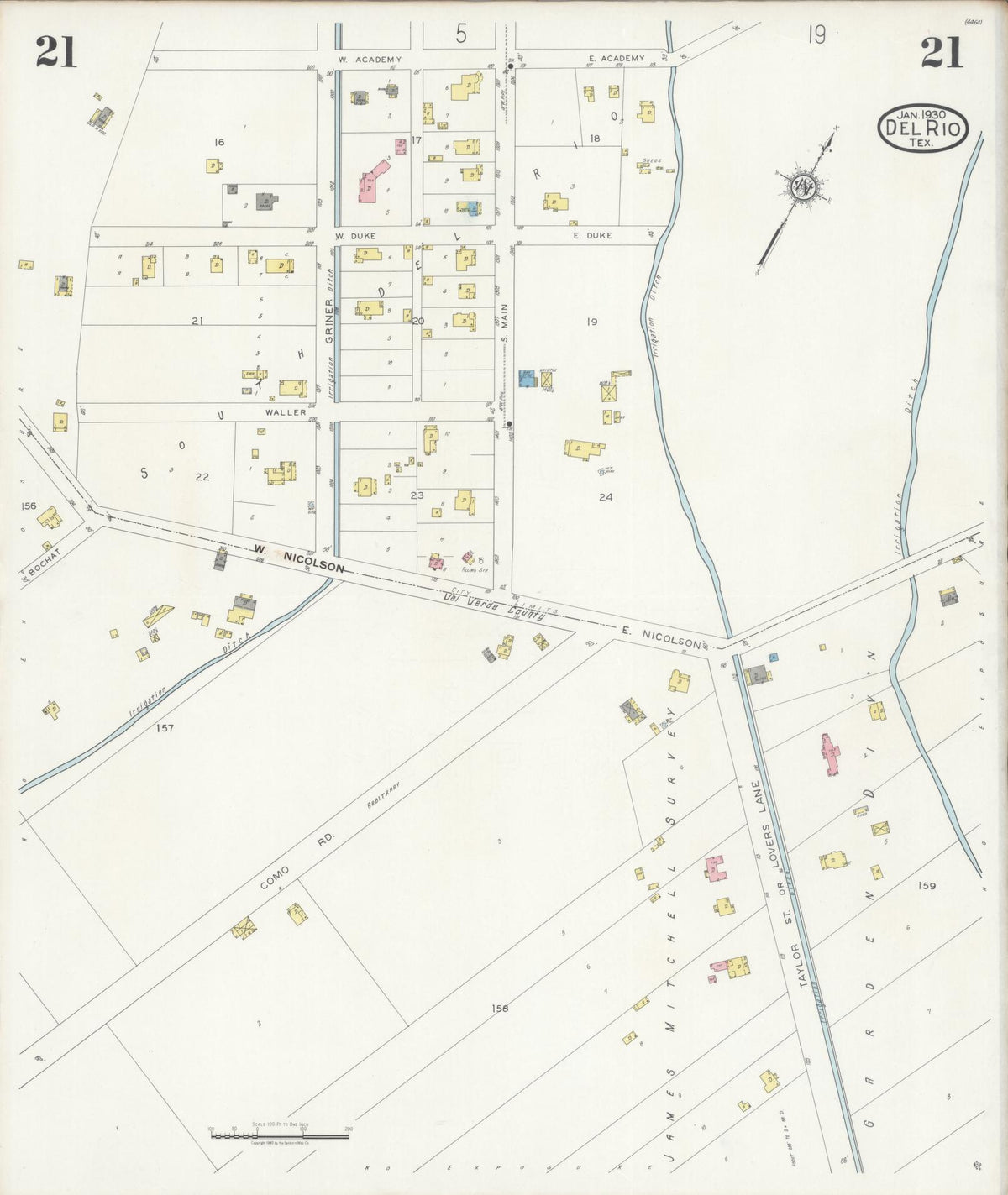 Sanborn Fire Insurance Map from Del Rio, Val Verde County, Texas (1930), Sheet #0021 - Historic Sanborn Fire Insurance Map Print, vintage old map wall art, antique decor, genealogy gift, Texas Texas map