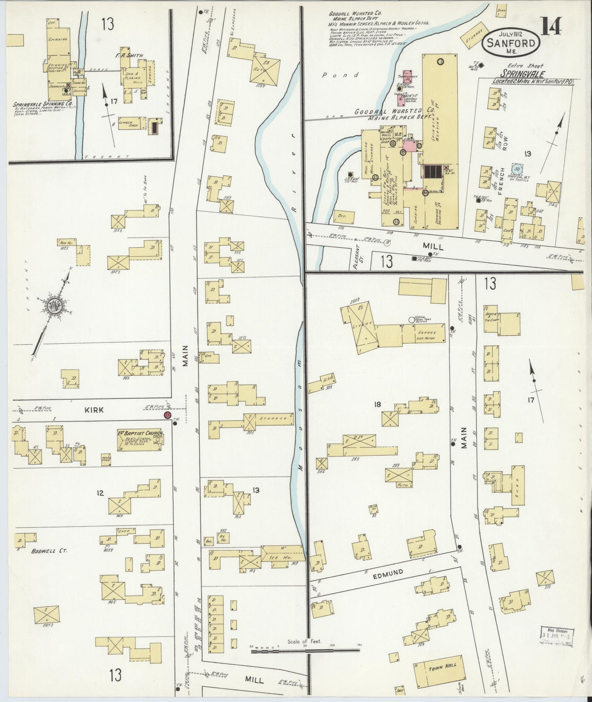 Sanborn Fire Insurance Map from Sanford, York County, Maine (1912), Sheet #0014 - Complete Map Set gallery image, historic Sanborn map, vintage wall art, Maine Maine