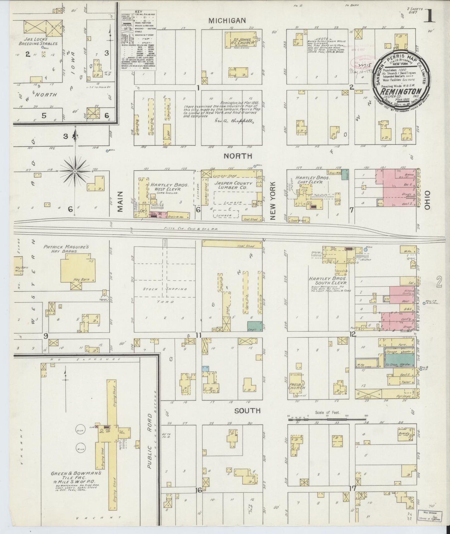 Sanborn Fire Insurance Map from Remington, Jasper County, Indiana (1893), Sheet #0001 - Complete Map Set gallery image, historic Sanborn map, vintage wall art, Indiana Indiana