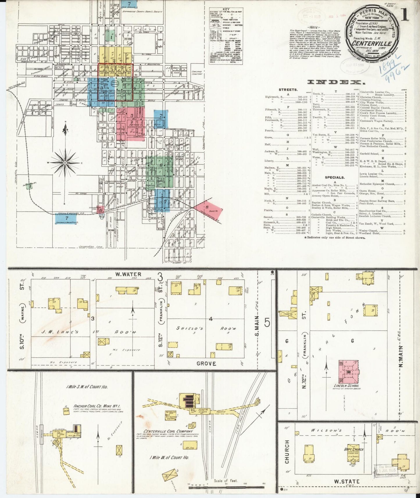 Sanborn Fire Insurance Map from Centerville, Appanoose County, Iowa (1898), Sheet #0001 - Historic Sanborn Fire Insurance Map Print, vintage old map wall art