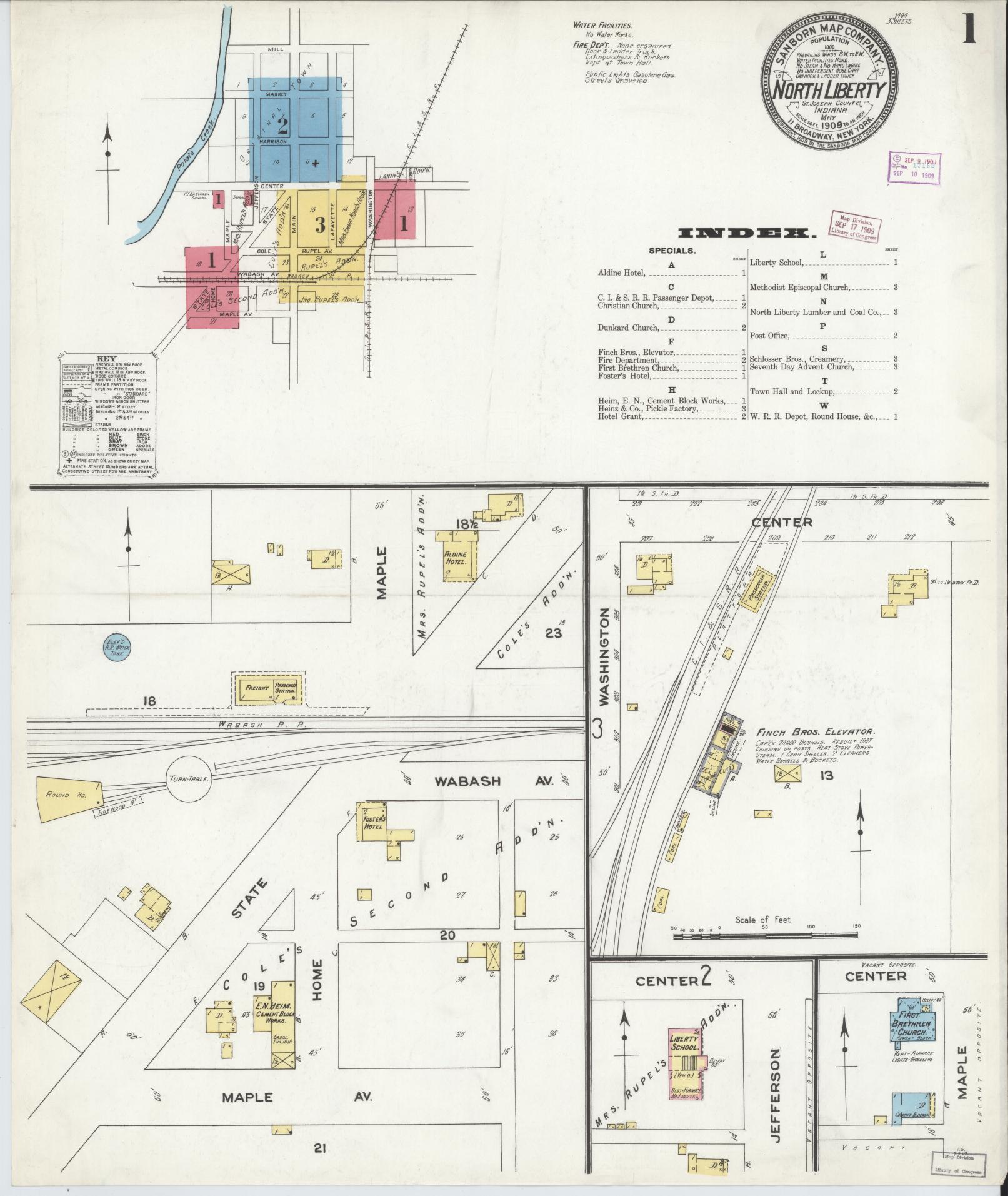 Sanborn Fire Insurance Map from North Liberty, Saint Joseph County, Indiana (1909), Sheet #0001 - Historic Sanborn Fire Insurance Map Print, vintage old map wall art, antique decor, genealogy gift, Indiana Indiana map
