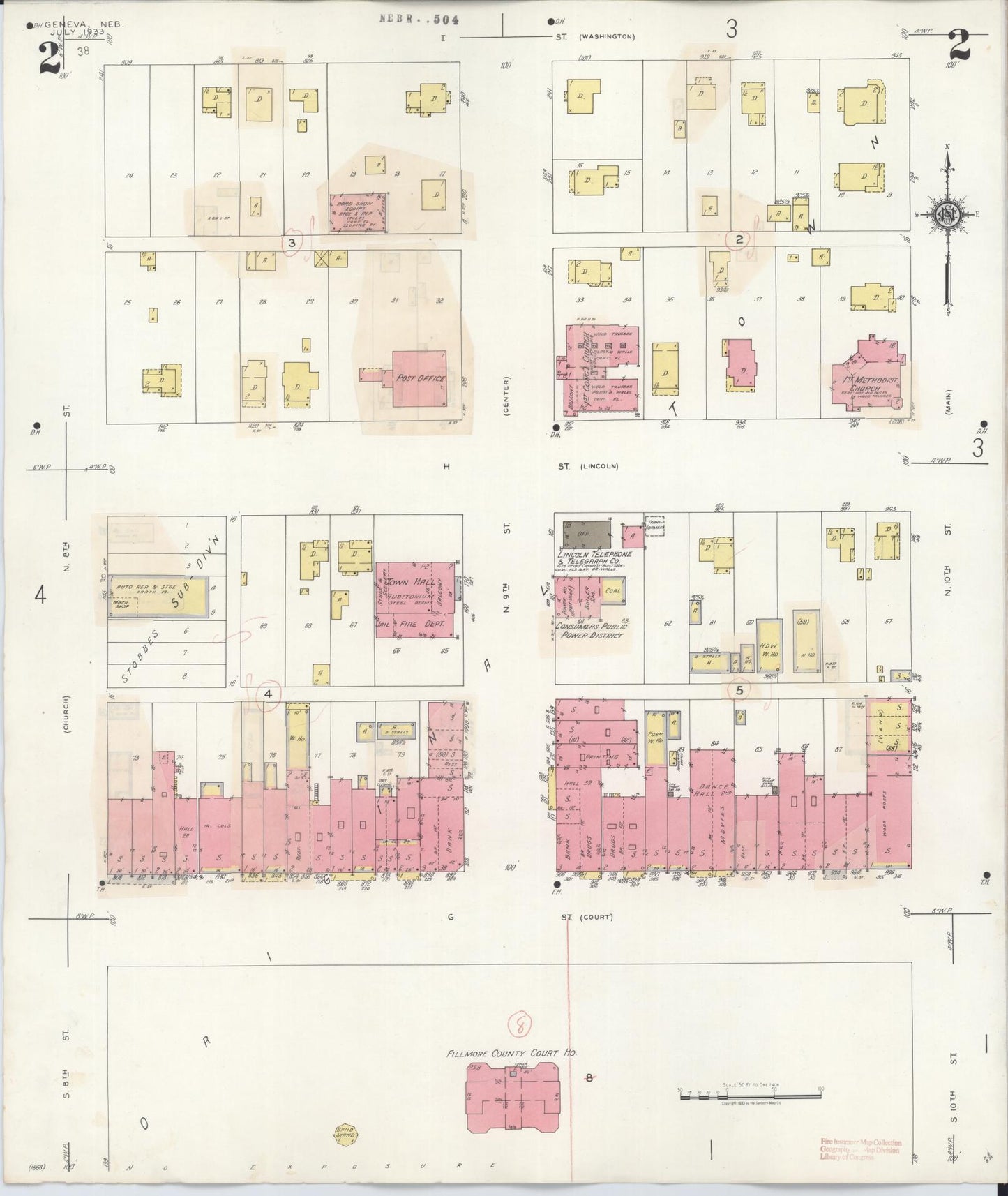 Sanborn Fire Insurance Map from Geneva, Fillmore County, Nebraska (1933), Sheet #0002 - Complete Map Set gallery image, historic Sanborn map, vintage wall art, Nebraska Nebraska