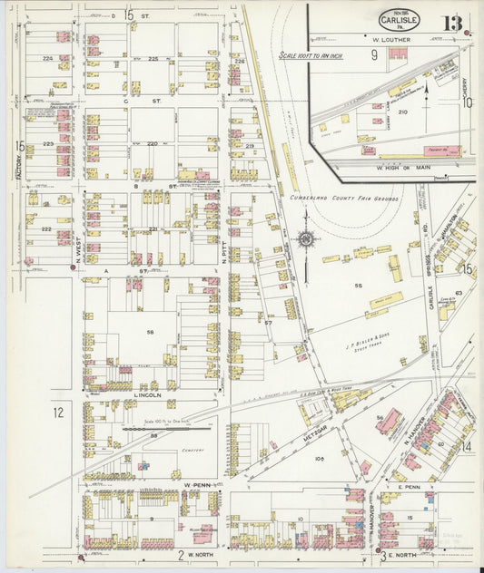 Sanborn Fire Insurance Map from Carlisle, Cumberland County, Pennsylvania (1915), Sheet #0013 - Historic Sanborn Fire Insurance Map Print, vintage old map wall art, antique decor, genealogy gift, Pennsylvania Pennsylvania map
