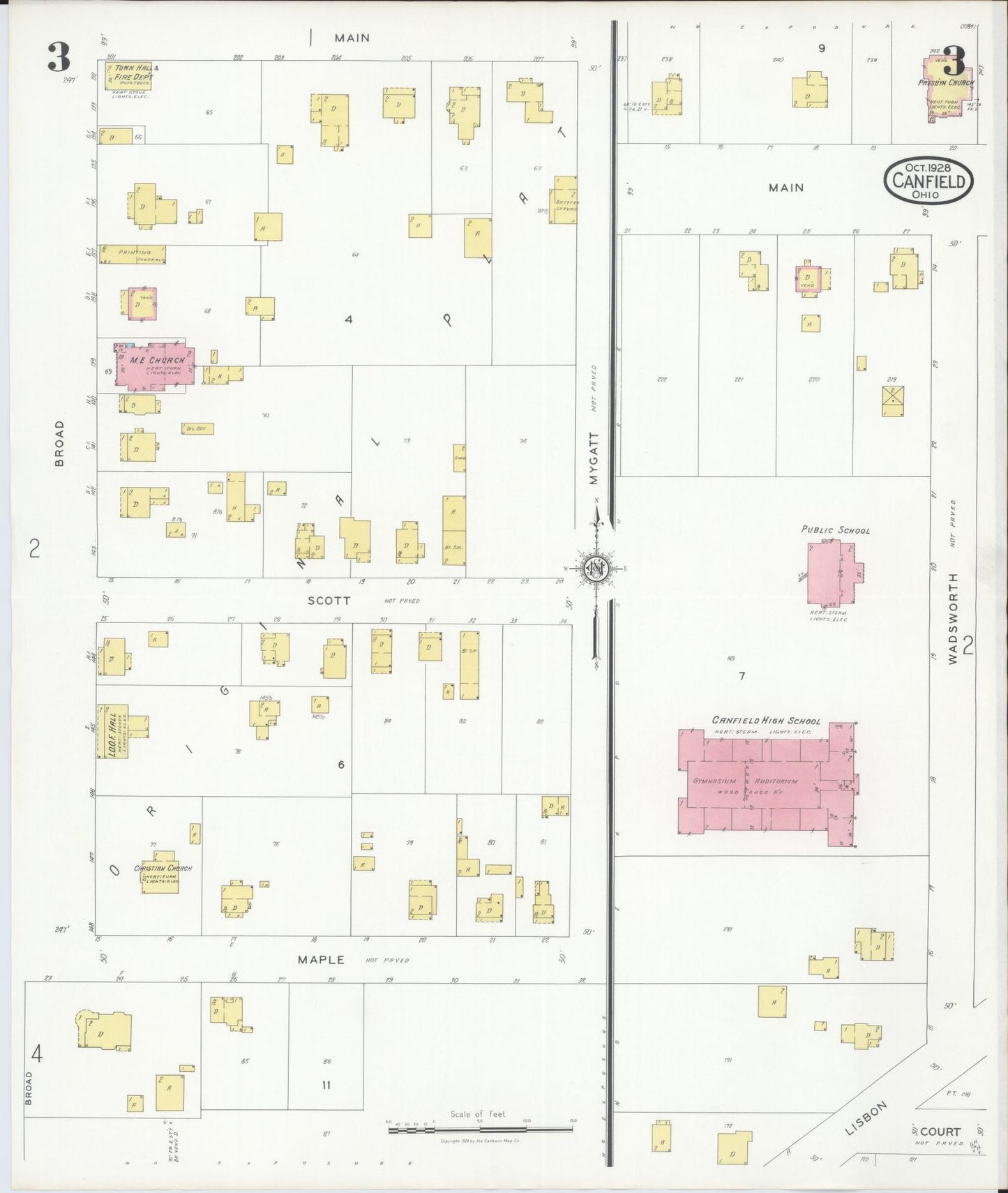 Sanborn Fire Insurance Map from Canfield, Mahoning County, Ohio (1928), Sheet #0003 - Historic Sanborn Fire Insurance Map Print, vintage old map wall art, antique decor, genealogy gift, Ohio Ohio map