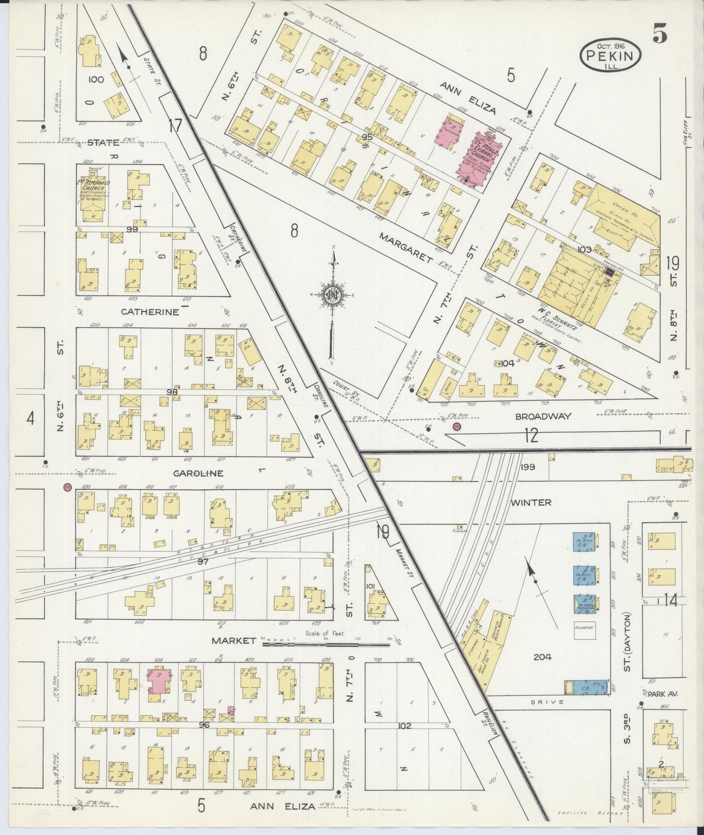 Sanborn Fire Insurance Map from Pekin, Tazewell County, Illinois (1916), Sheet #0005 - Historic Sanborn Fire Insurance Map Print, vintage old map wall art, antique decor, genealogy gift, Illinois Illinois map