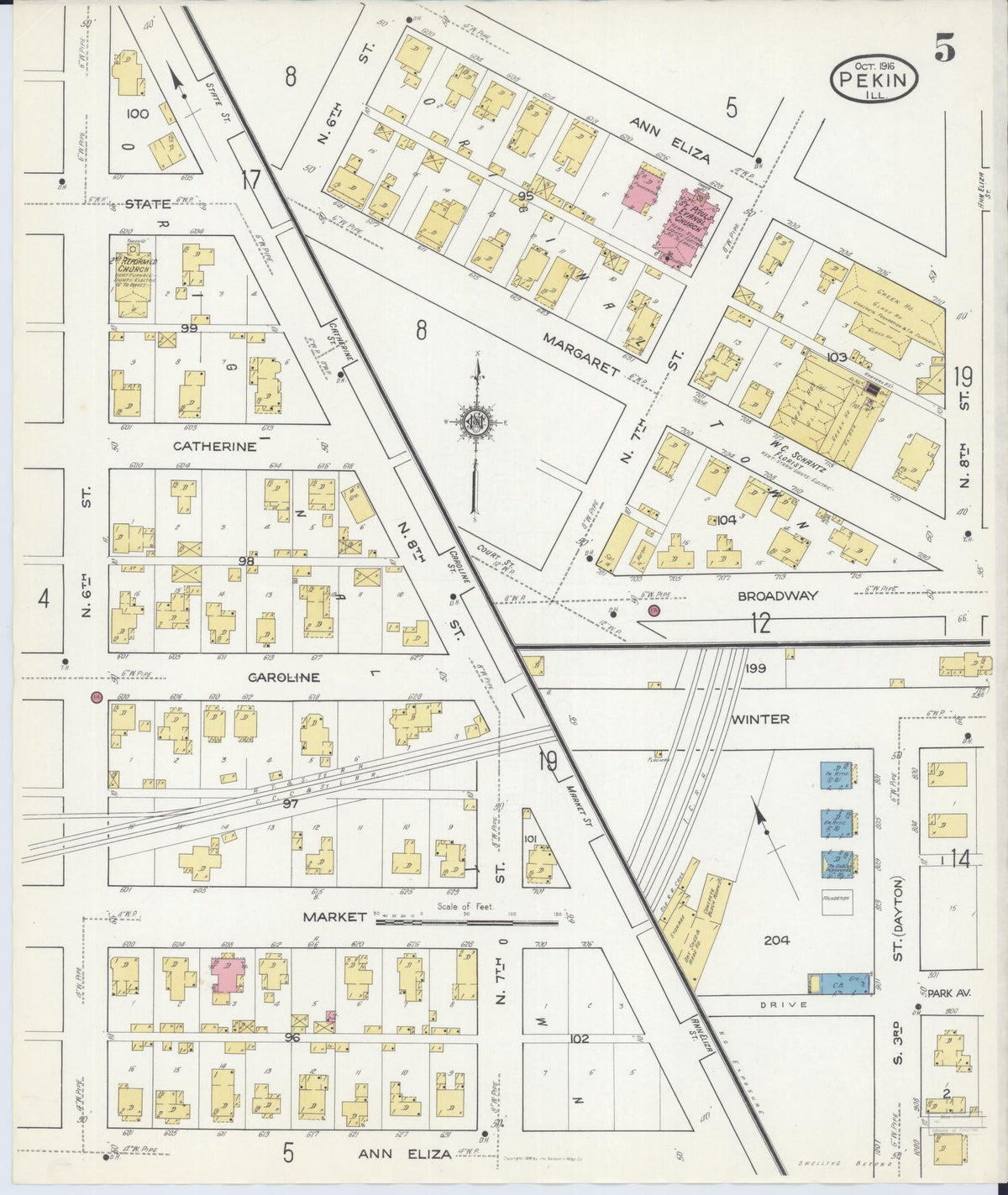 Sanborn Fire Insurance Map from Pekin, Tazewell County, Illinois (1916), Sheet #0005 - Historic Sanborn Fire Insurance Map Print, vintage old map wall art, antique decor, genealogy gift, Illinois Illinois map