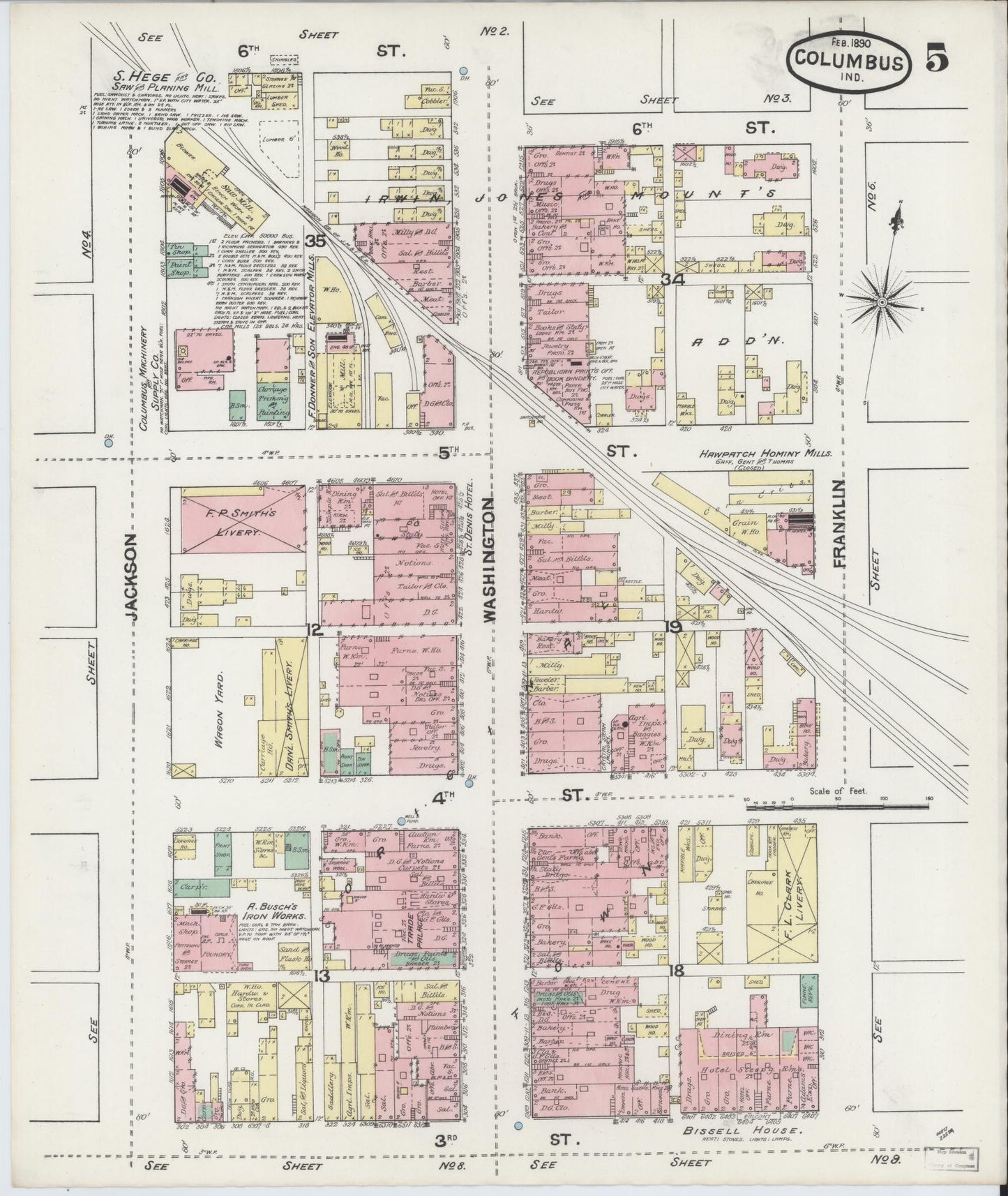 Sanborn Fire Insurance Map from Columbus, Bartholomew County, Indiana (1890), Sheet #0005 - Historic Sanborn Fire Insurance Map Print, vintage old map wall art, antique decor, genealogy gift, Indiana Indiana map