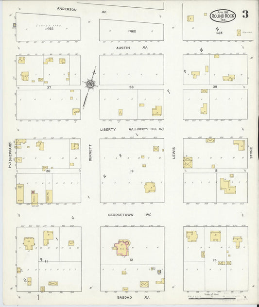 Sanborn Fire Insurance Map from Round Rock, Williamson County, Texas (1916), Sheet #0003 - Historic Sanborn Fire Insurance Map Print, vintage old map wall art, antique decor, genealogy gift, Texas Texas map