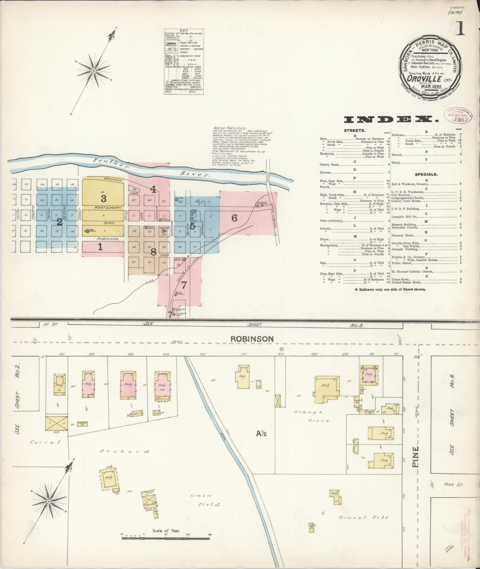 Sanborn Fire Insurance Map from Oroville, Butte County, California (1890), Sheet #0001 - Complete Map Set gallery image, historic Sanborn map, vintage wall art, California California