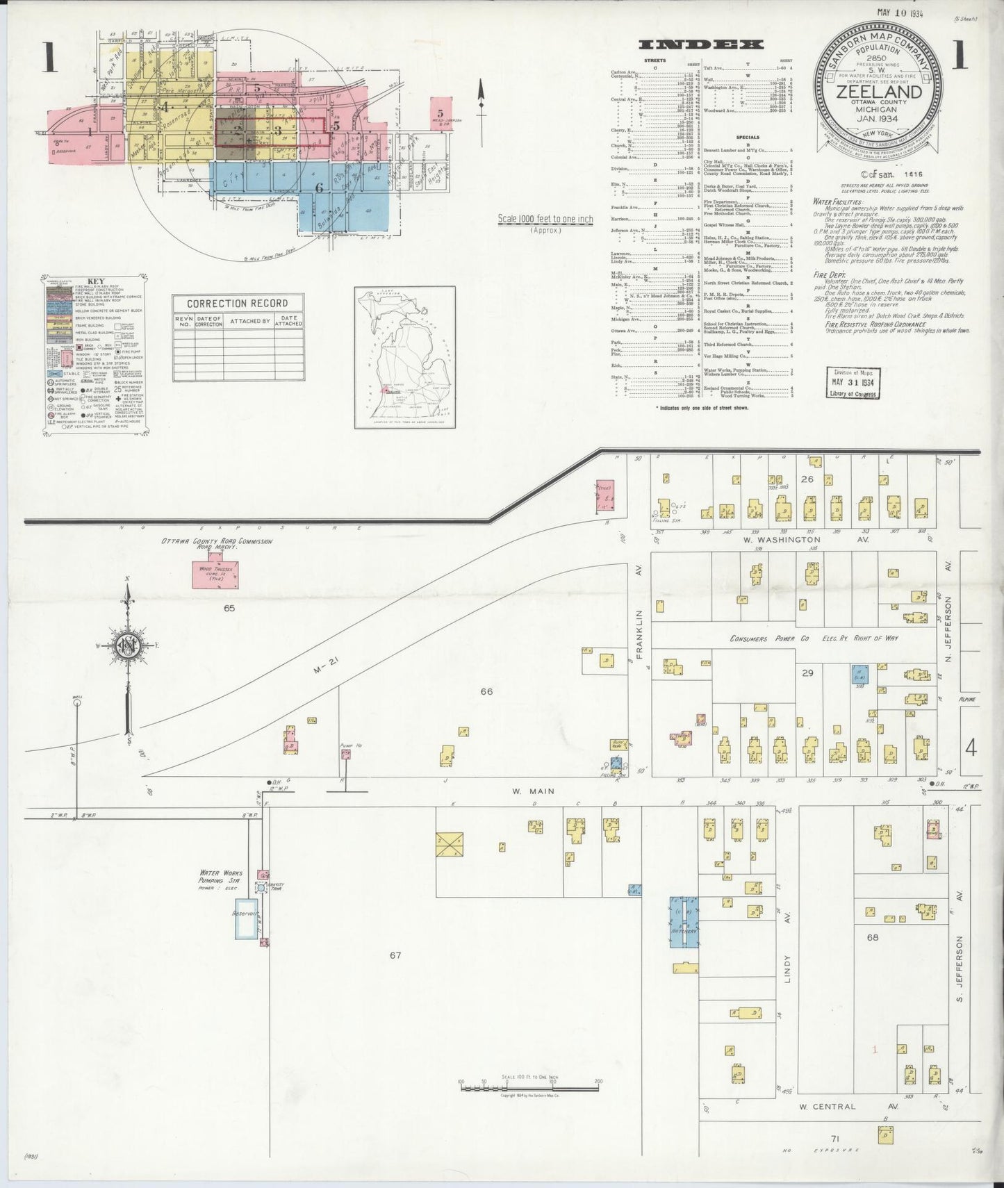 Sanborn Fire Insurance Map from Zeeland, Ottawa County, Michigan (1934), Sheet #0001 - Historic Sanborn Fire Insurance Map Print, vintage old map wall art, antique decor, genealogy gift, Michigan Michigan map