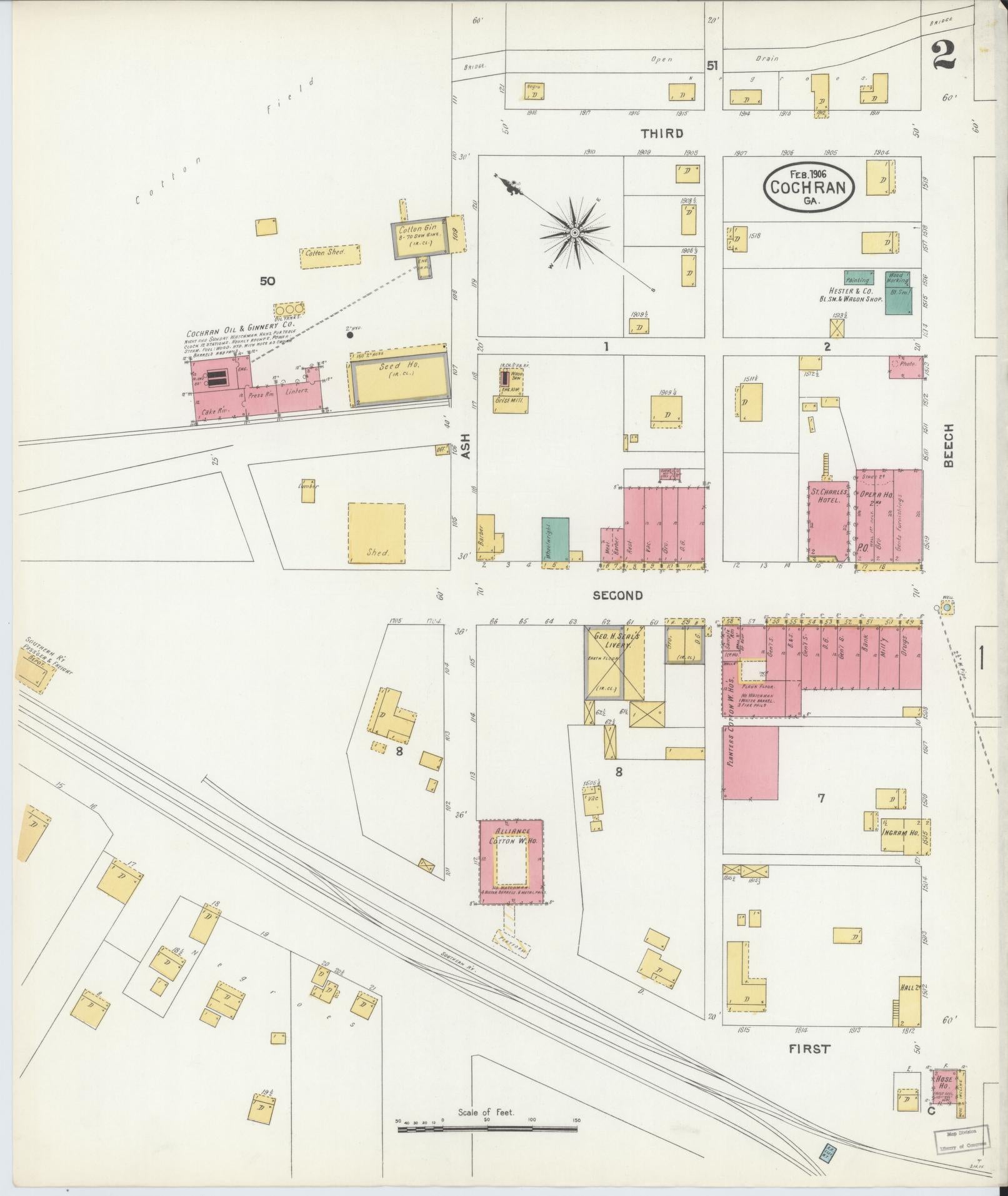 Sanborn Fire Insurance Map from Cochran, Bleckley County, Georgia (1906), Sheet #0002 - Complete Map Set gallery image, historic Sanborn map, vintage wall art, Georgia Georgia