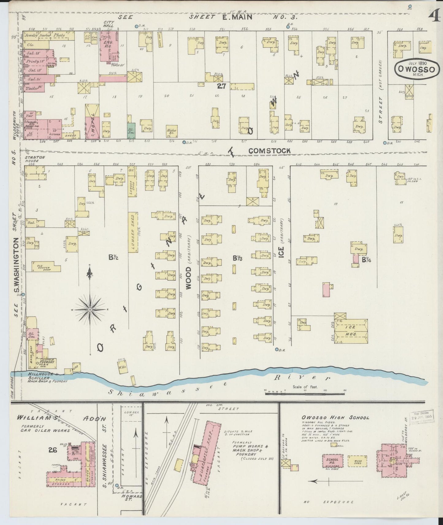Sanborn Fire Insurance Map from Owosso, Shiawassee County, Michigan (1890), Sheet #0004 - Historic Sanborn Fire Insurance Map Print, vintage old map wall art, antique decor, genealogy gift, Michigan Michigan map