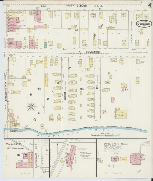 Sanborn Fire Insurance Map from Owosso, Shiawassee County, Michigan (1890), Sheet #0004 - Historic Sanborn Fire Insurance Map Print, vintage old map wall art, antique decor, genealogy gift, Michigan Michigan map